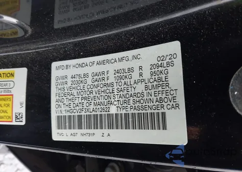 2020 Honda Accord Sport 2.0T from USA, damaged, VIN 1HGCV2F3XLA012622